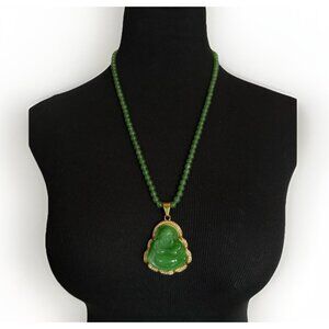 Green Laughing Buddha Faux Jade Beaded Pendant Necklace Stainless Steel
